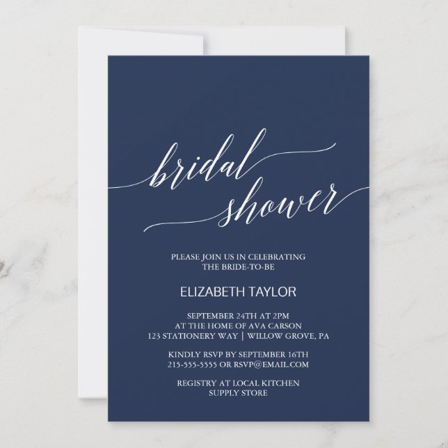 Elegantes Navy-Calligrafy-Brautparty Einladung (Vorderseite)