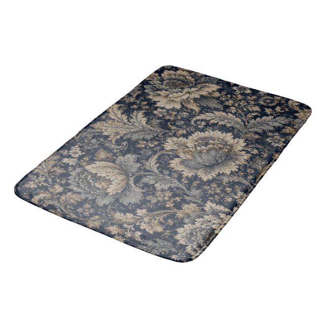 Elegantes Navy-Gold-Botanik-Textilmuster Badematte (Schrägansicht)
