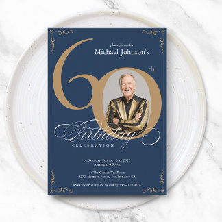 Elegantes Navy Gold Calligraphy Foto 60. Geburtsta Einladung