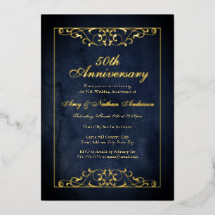 Elegantes Navy-Gold-Jubiläum zur 50. Hochzeit Folieneinladung