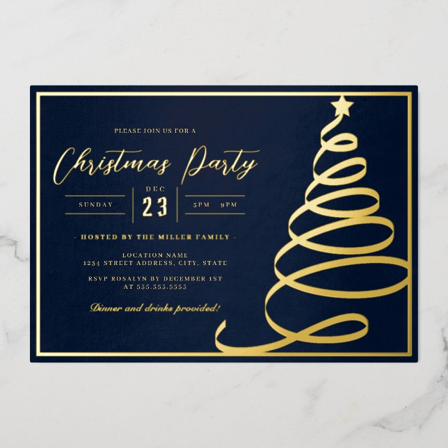 Elegantes Navy Gold Tree Weihnachts-Party Folieneinladung (Vorderseite)