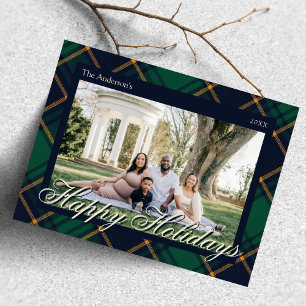Elegantes Navy-Grün-Kariertes Frohe Feiertage Postkarte