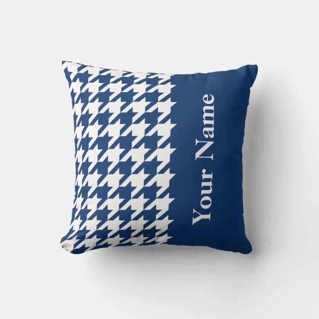 Elegantes Navy-Hahnentrittmuster mit Namen Kissen (Vorderseite)