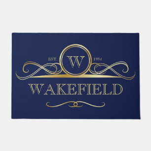 Elegantes Navy & Imitats Gold Verziertes Monogramm Fußmatte