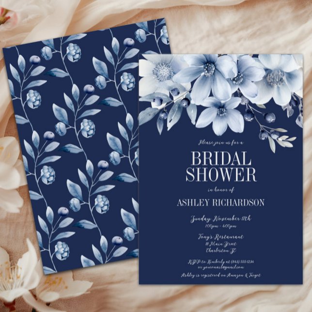 Elegantes Navy & Light Blue Floral Brautparty Einladung (Azure Blue Navy Floral Bridal Shower Invitation, Winter Wedding Shower, Fall Autumn Flowers, Elegant)