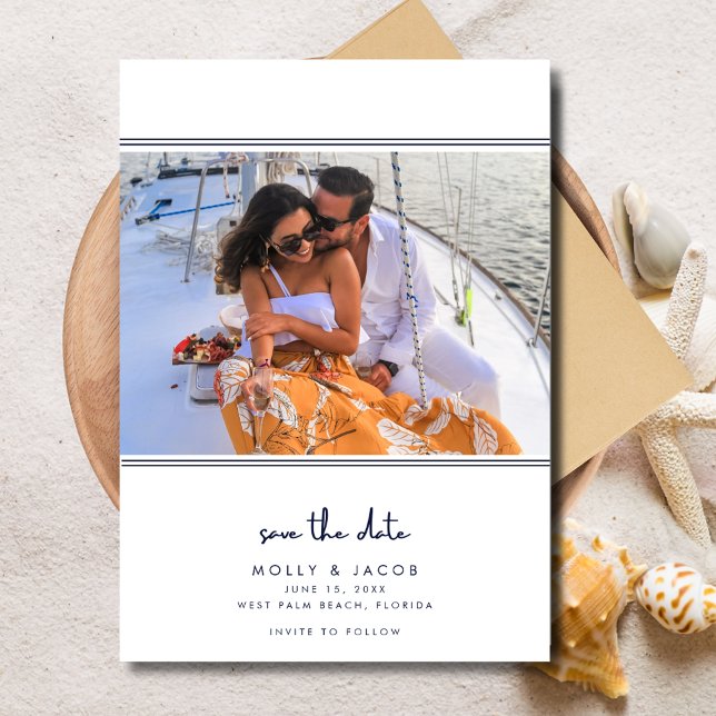 Elegantes Navy Nautical Foto Hochzeit speichern da Save The Date (Elegant Navy Nautical Photo Wedding Save the Date)