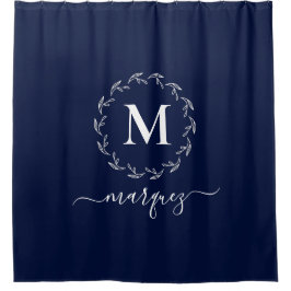 Elegantes Navy Personalisiert Wreath Monogramm Duschvorhang