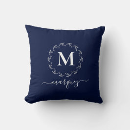Elegantes Navy Personalisiert Wreath Monogramm Kissen