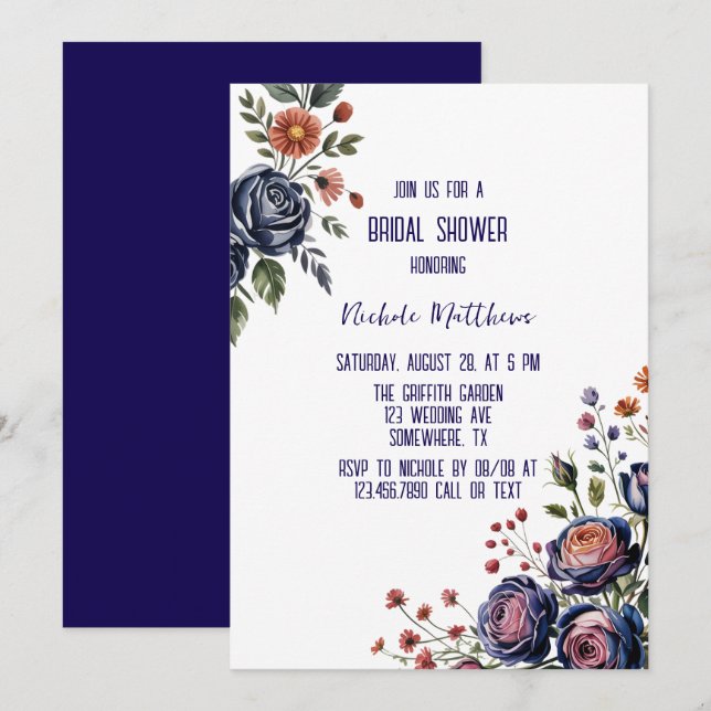 Elegantes Navy-Rose und Korallen-Brautparty Einladung (Vorne/Hinten)