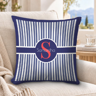 Elegantes Navy-Rot gestreiftes Initialen-Monogramm Kissen