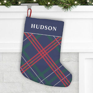 Elegantes Navy Rot Grün Tartan Karo personalisiert Kleiner Weihnachtsstrumpf