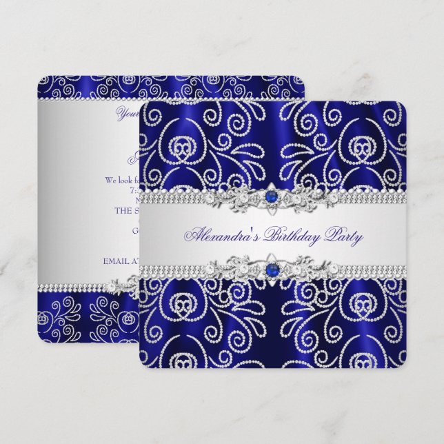 Elegantes Navy Royal Blue Lace Diamond Overlay Par Einladung (Vorne/Hinten)