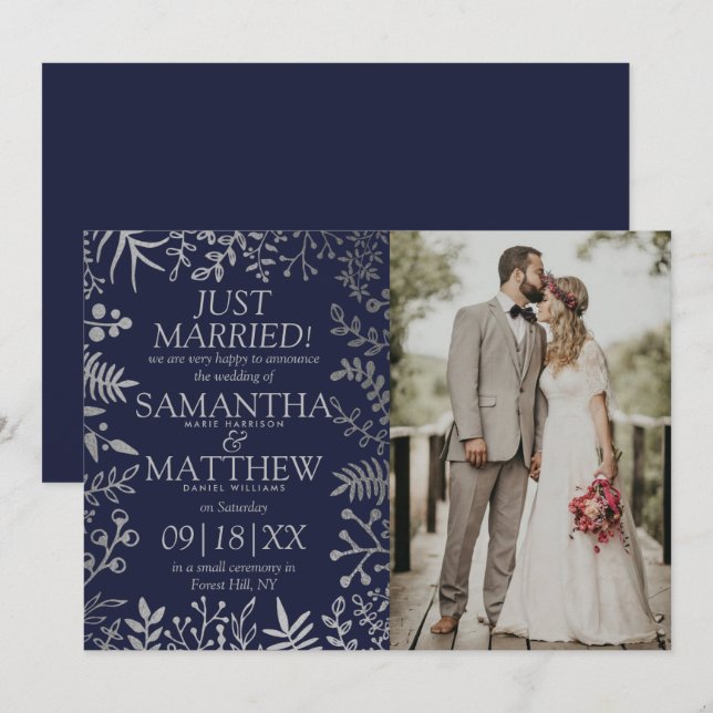 Elegantes Navy & Silver Floral Wedding Foto Ankündigung (Vorne/Hinten)