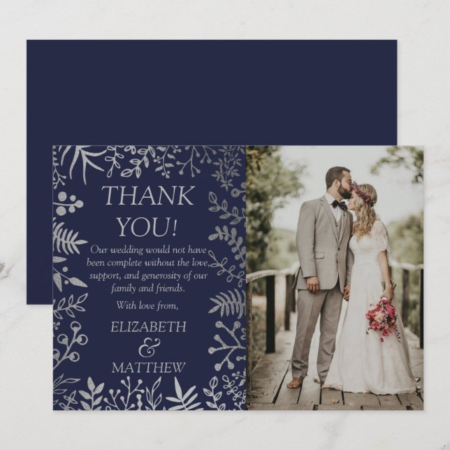 Elegantes Navy & Silver Floral Wedding Foto Dankeskarte (Vorne/Hinten)