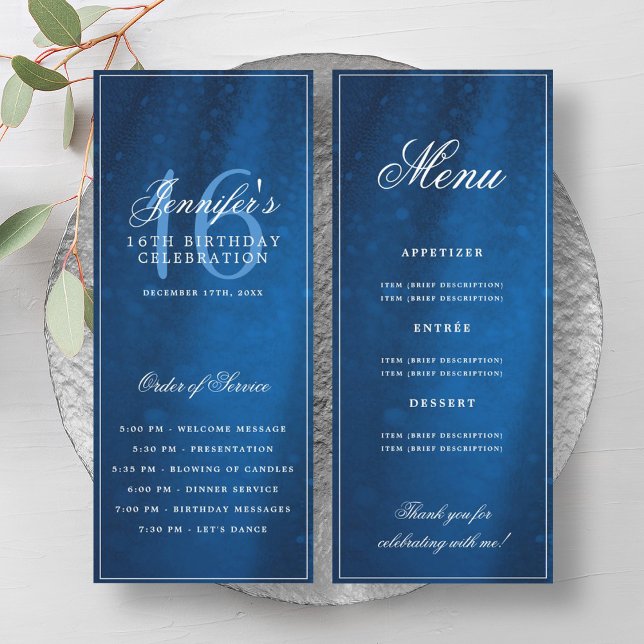 Elegantes Navy-Sparkle-Programm-Menü zum 16. Gebur Einladung (Elegant Navy Sparkle 16th Birthday Program Menu)