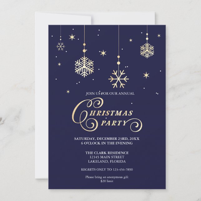 Elegantes Navy und Funkelnd Gold Weihnachts-Party Einladung (Vorderseite)
