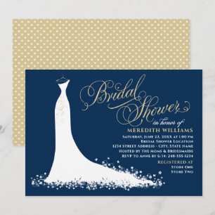 Elegantes Navy- und Gold-Hochzeitskleid Brautparty Einladung