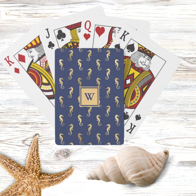 Elegantes Navy- und Gold-Seepferdchen mit Initiale Spielkarten (Von Creator hochgeladen)