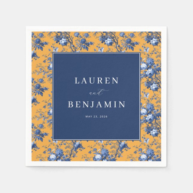 Elegantes Navy- und Orange-Blumenmuster Serviette (Vorderseite)