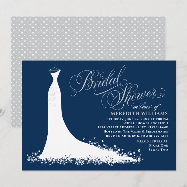 Elegantes Navy- und Silver Gown-Brautparty Einladung (Vorne/Hinten)