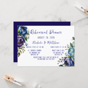 Elegantes Navy und Turquiose Rose Probe Abendessen Einladung