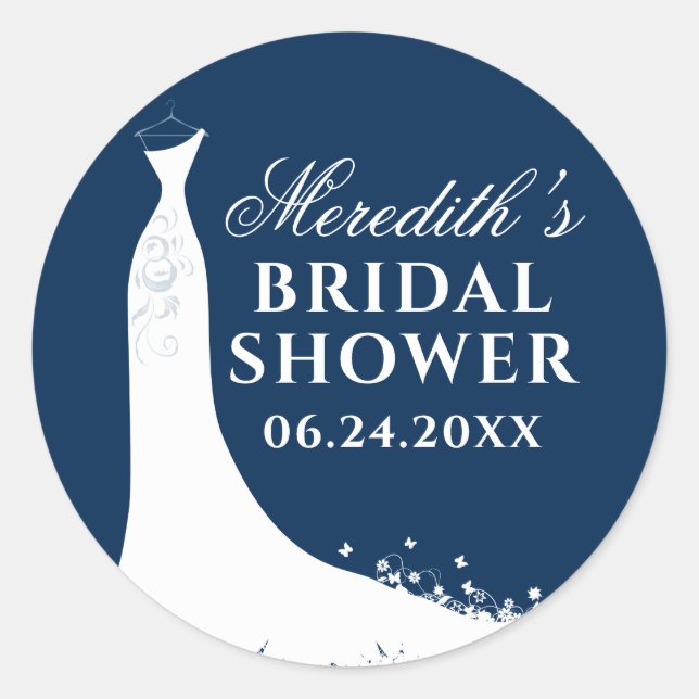 Elegantes Navy White Wedding Gown Brautparty Runder Aufkleber (Vorderseite)