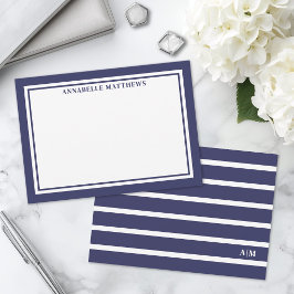 Elegantes navyblau gestreiftes Monogramm Mitteilungskarte