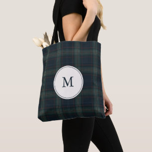 Elegantes Navyblau- und Grünkaromuster mit Monogra Tasche