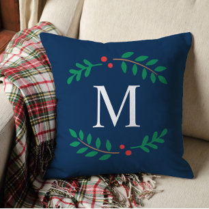 Elegantes, navyblaues Lorbeer-Monogramm-Weihnachte Kissen