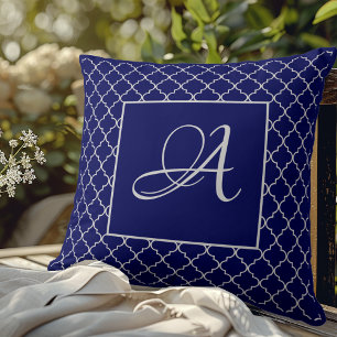 Elegantes navyblaues marokkanisches Damast-Monogra Kissen
