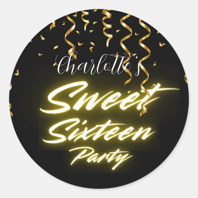 Elegantes Neon Gold Black Retro Sweet 16. Geburtst Runder Aufkleber (Vorderseite)