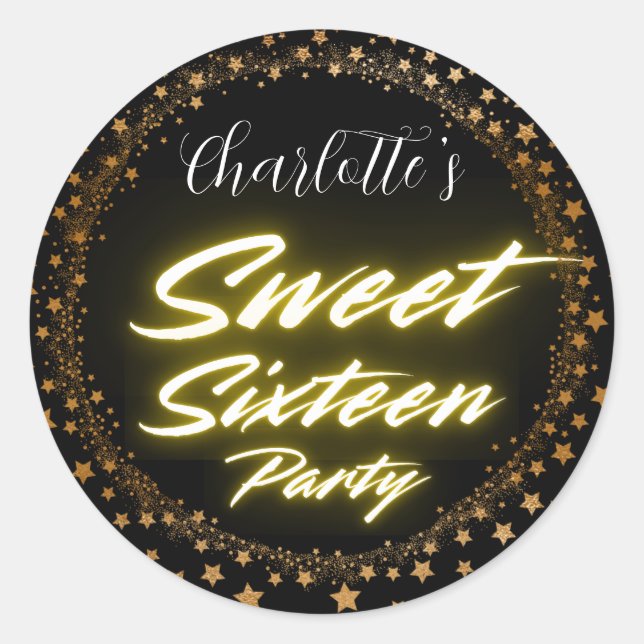 Elegantes Neon Gold Black Retro Sweet 16. Geburtst Runder Aufkleber (Vorderseite)