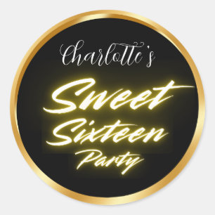 Elegantes Neon Gold Black Retro Sweet 16. Geburtst Runder Aufkleber
