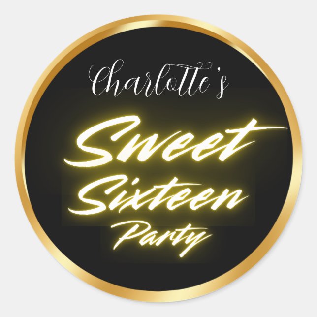 Elegantes Neon Gold Black Retro Sweet 16. Geburtst Runder Aufkleber (Vorderseite)