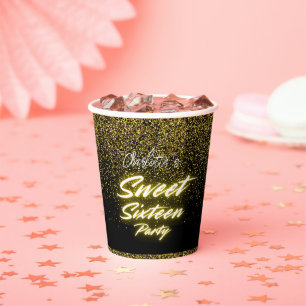 Elegantes Neon Gold Schwarzes Retro Sweet 16. Gebu Pappbecher