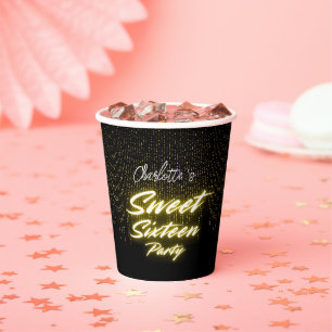 Elegantes Neon Gold Schwarzes Retro Sweet 16. Gebu Pappbecher