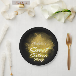 Elegantes Neon Gold Schwarzes Retro Sweet 16. Gebu Pappteller