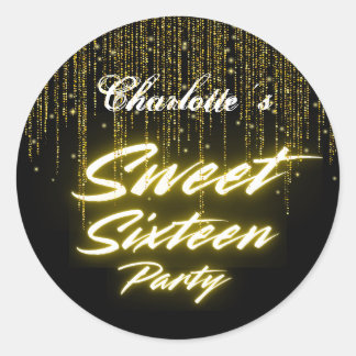 Elegantes Neon Gold Schwarzes Retro Sweet 16. Gebu Runder Aufkleber
