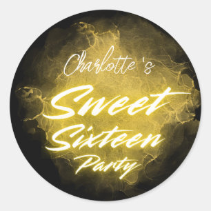 Elegantes Neon Gold Schwarzes Retro Sweet 16. Gebu Runder Aufkleber