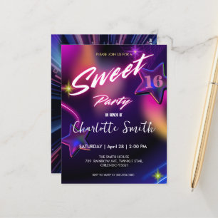 Elegantes neonrosa Retro-schwarzes Sweet 16. Gebur Postkarte
