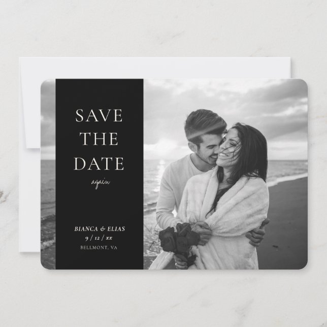 Elegantes neues Datum Modernes Skript-Foto Schwarz Save The Date (Vorderseite)