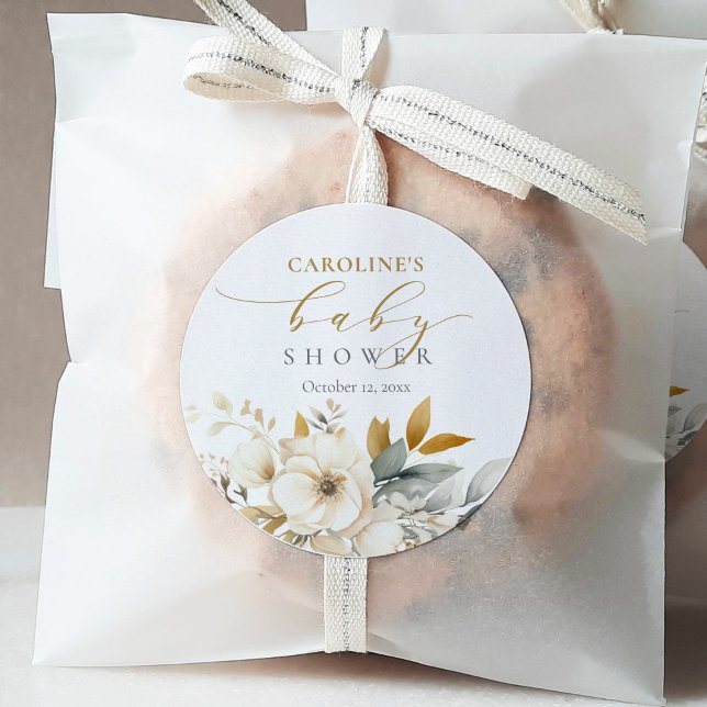 Elegantes neutrales Blumenbaby in der Blütendusche Runder Aufkleber (Von Creator hochgeladen)