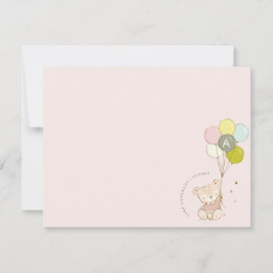 Elegantes Niedlich Blush Bärenballon Girly Monogra Mitteilungskarte