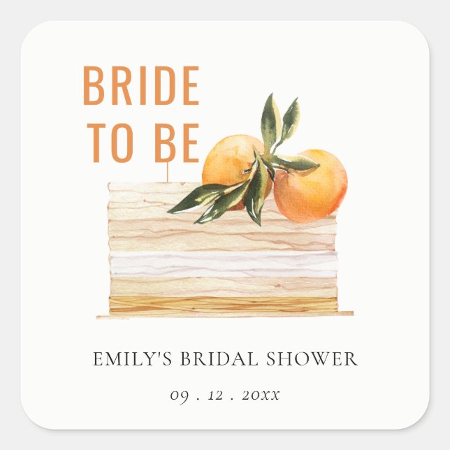 Elegantes Niedliches Boho Orange Fruit Cake Brautp Quadratischer Aufkleber (Vorderseite)