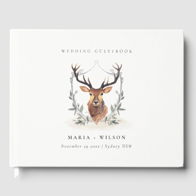 Elegantes Niedliches Dusky Deer Floral Wappen Hoch Gästebuch (Vorderseite)
