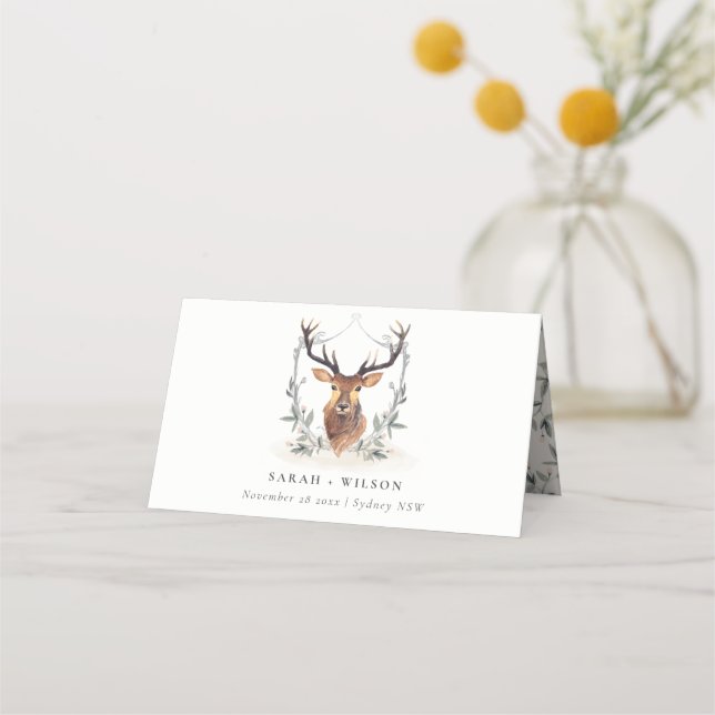 Elegantes Niedliches Dusky Deer Floral Wappen Hoch Platzkarte (Vorderseite)