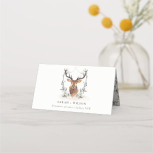 Elegantes Niedliches Dusky Deer Floral Wappen Hoch Platzkarte