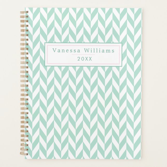 Elegantes Niedliches Mint Green Herringbone-Muster Planer (Vorderseite)