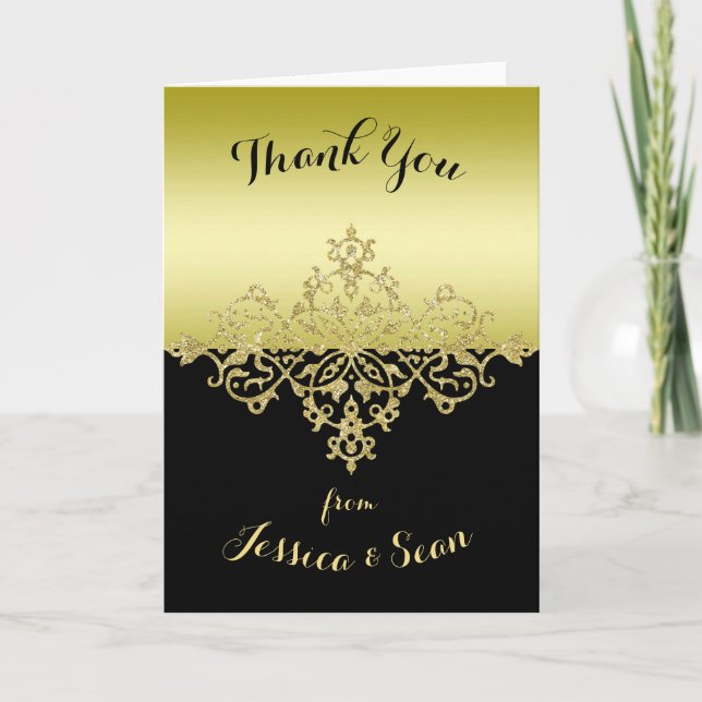 Elegantes, nobles Gold u. schwarze Hochzeit danken Dankeskarte (Vorderseite)
