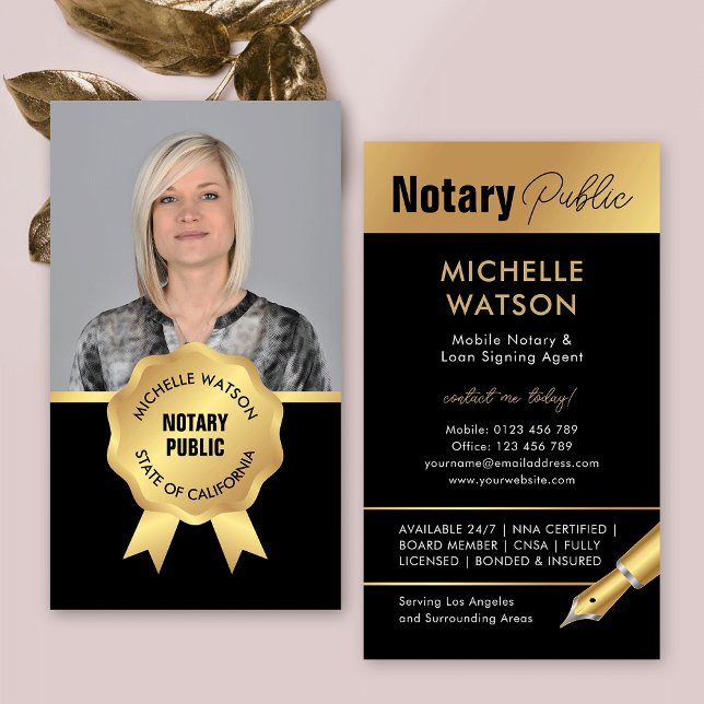 Elegantes Notar Public Foto Black & Gold Visitenkarte (Modern notary photo business cards in black and gold)